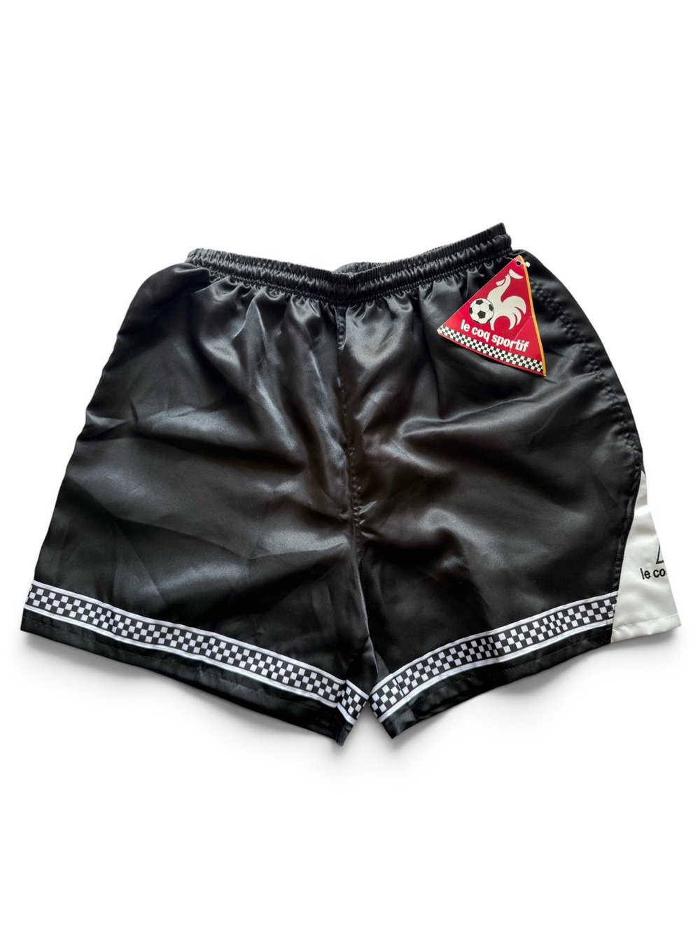 Vintage Le Coq Sportif Soccer Black Check Logo Shiny Silky Glanz Shorts Large
